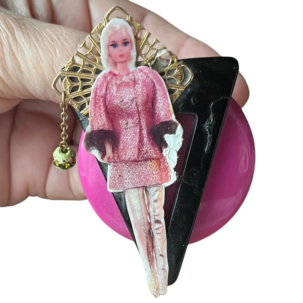 Handmade Barbie Brooch with Pink and Black Accents